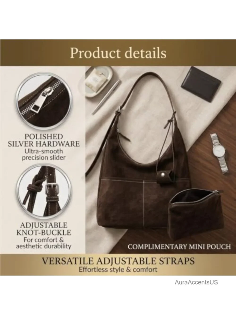 Faux Suede Hobo Bag Adjustable Shoulder Crossbody Purse with Pouch
